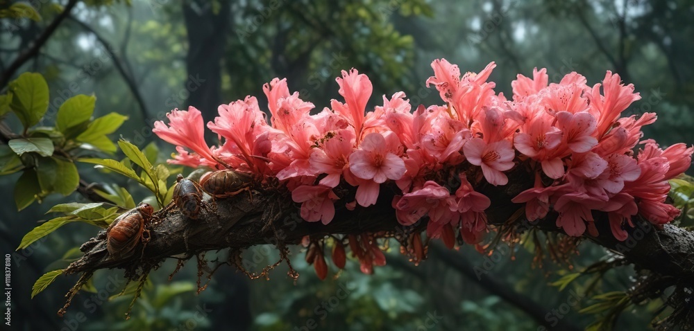Fungal infection on dead rhododendron branch with cicada eggs, insects, black spores, outdoor Fungal infection on dead rhododendron branch with cicada eggs, insects, black spores, outdoor