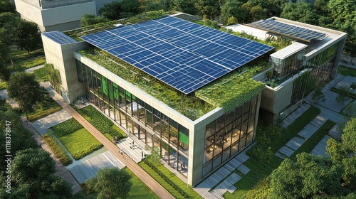 Sustainable green building with solar panels and rooftop garden.