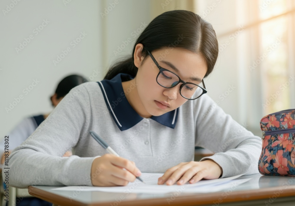 Concentrated high school student girl wearing glasses writing examination test in classroom Concentrated high school student girl wearing glasses writing examination test in classroom