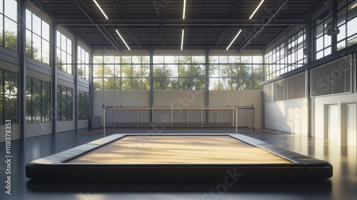 Modern spacious indoor sports hall with a large trampoline in the center, sunlight streaming through large windows.