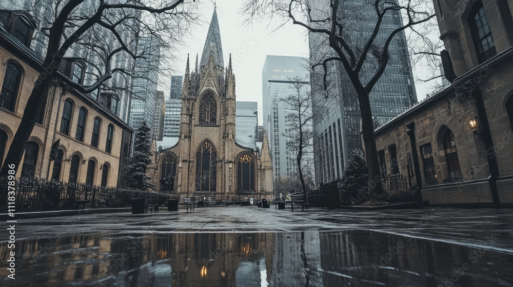 Fototapeta premium A peaceful city footpath with tall, reflective buildings and scattered bare trees under a cold, pale sky.