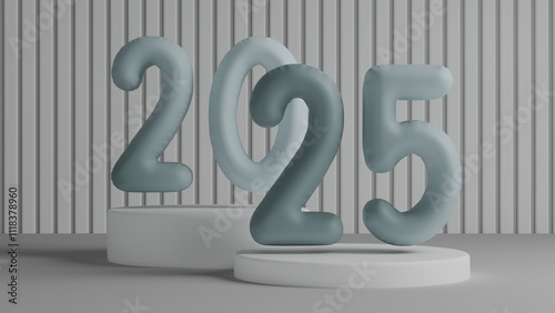 3D rendering of Happy New Year 2025 on minimal background, year number for greeting cards, posters, banners, calendars, and other celebratory materials for Christmas and New Year.