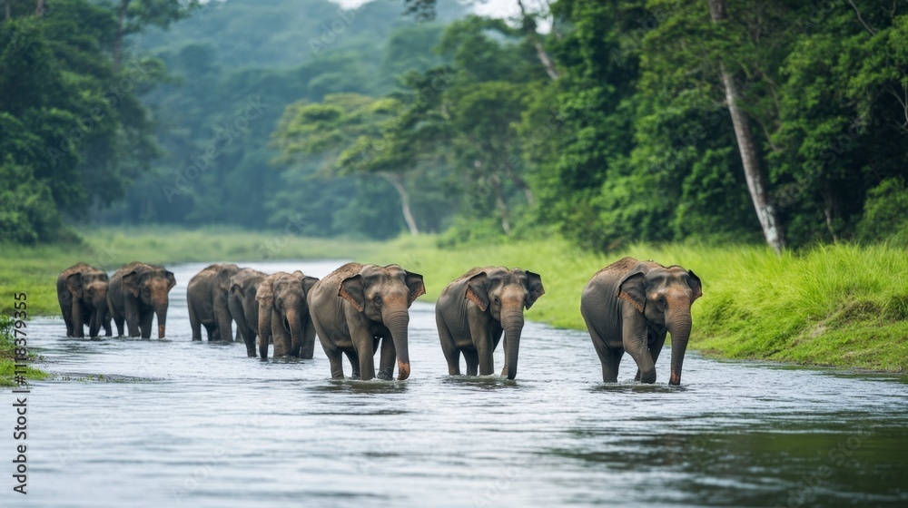 Majestic Elephants Crossing a River in a Lush Jungle Majestic Elephants Crossing a River in a Lush Jungle