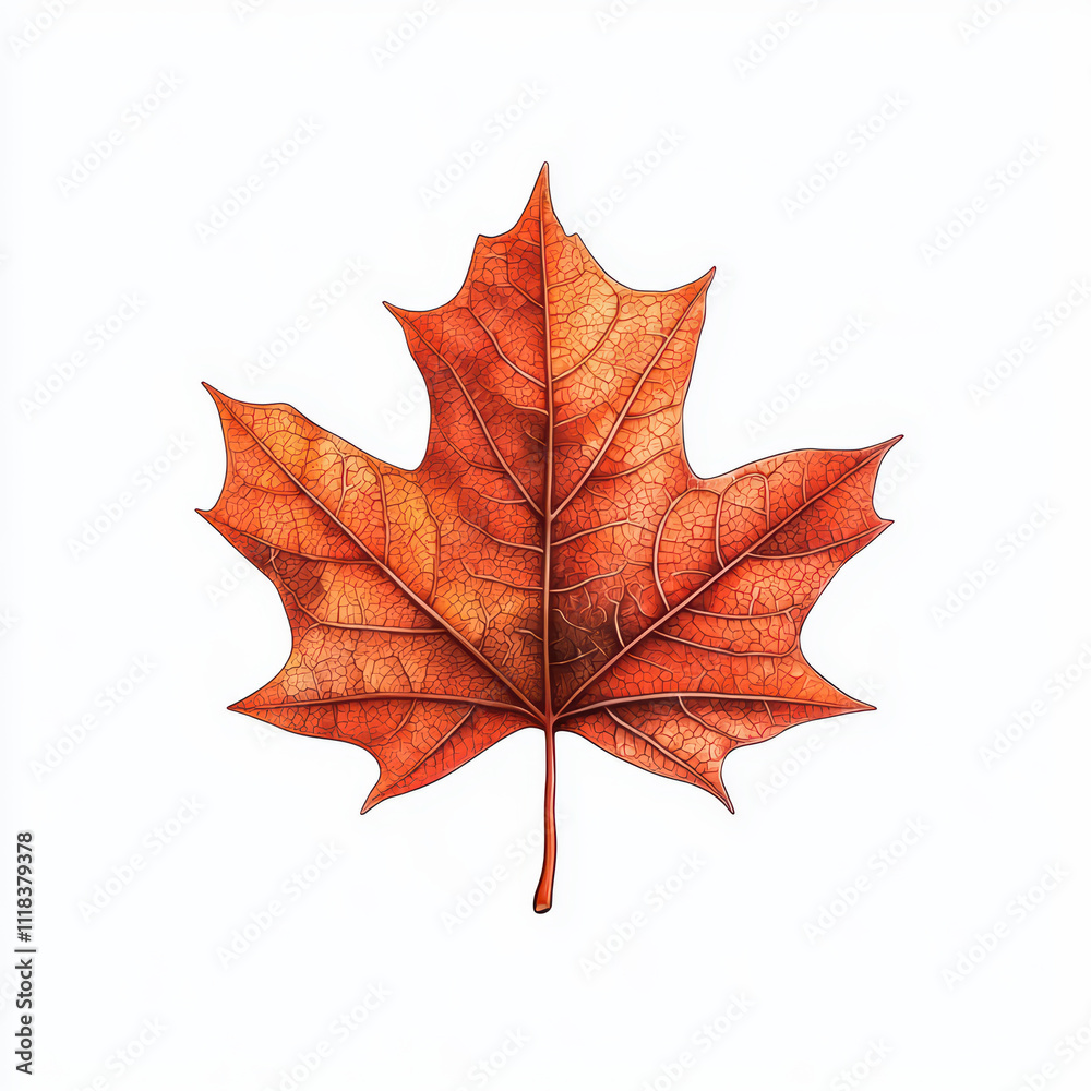 Obraz premium detailed of single maple leaf in vibrant orange hues, showcasing intricate vein patterns and textures. This artwork captures essence of autumn beauty