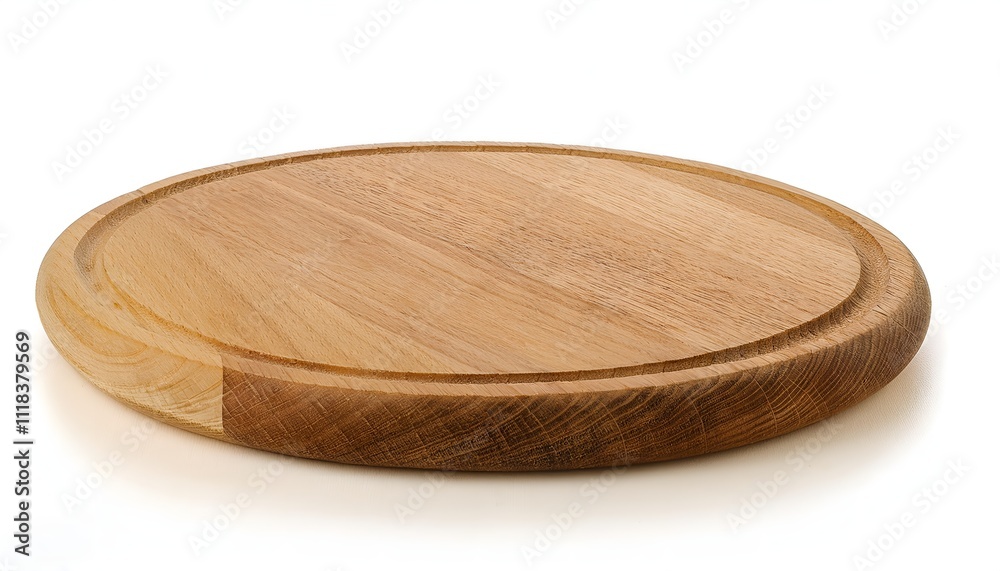 A simple and elegant round wooden plate displayed on a white surface. Perfect for adding a touch of nature and elegance to any kitchen or dining setting. Isolated on white background A simple and elegant round wooden plate displayed on a white surface. Perfect for adding a touch of nature and elegance to any kitchen or dining setting. Isolated on white background