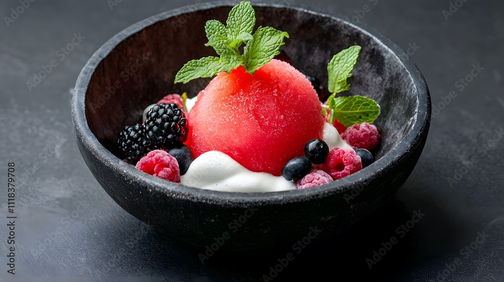 Refreshing summer hydration with watermelon. A vibrant bowl of fruit sorbet topped with fresh berries and mint leaves, showcasing a refreshing dessert. Refreshing summer hydration with watermelon. A vibrant bowl of fruit sorbet topped with fresh berries and mint leaves, showcasing a refreshing dessert.