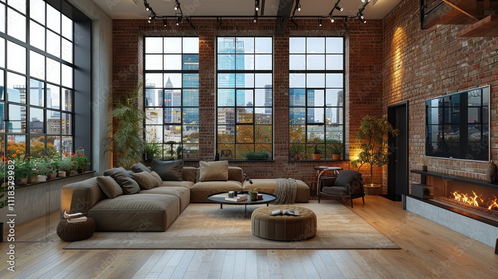 Modern loft apartment with city view, large windows, sectional sofa, fireplace, and plants.