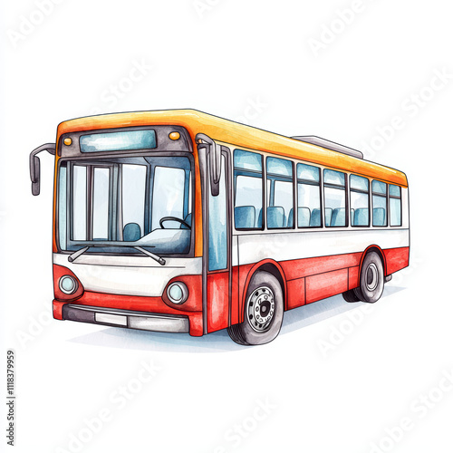 colorful watercolor of city bus featuring bright orange and white design, showcasing its detailed structure and inviting appearance
