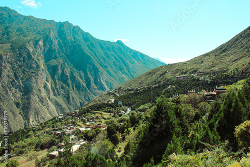 Sichuan, China Jiaju Tibetan Village, Danba, concentrated place for Jiarong Tibetans with hundreds of Tibetan-style houses built along the mountains fertile fields, picturesque landscapes