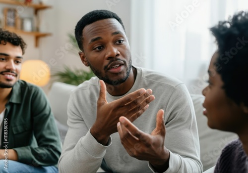 Young man leading a group therapy session, gesturing as he speaks to provide support and guidance photo