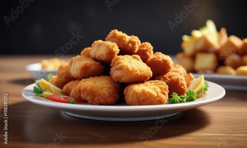 Crispy fried chicken nugget on a plate with sides , crispy, crispy exterior