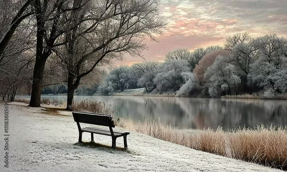 A serene winter landscape featuring a frosted bench by a calm river, surrounded by snow-covered trees and soft morning light.