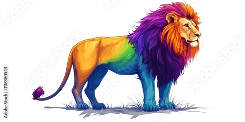 A majestic rainbow lion, vibrant colors, profile view. photo