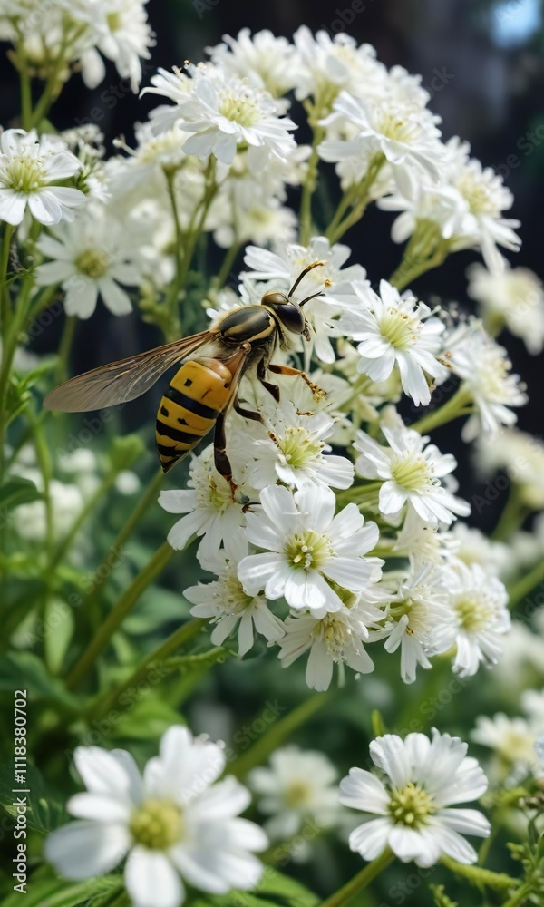 A wasp is seen flying around a white valerian flower, nectar, insect flight A wasp is seen flying around a white valerian flower, nectar, insect flight