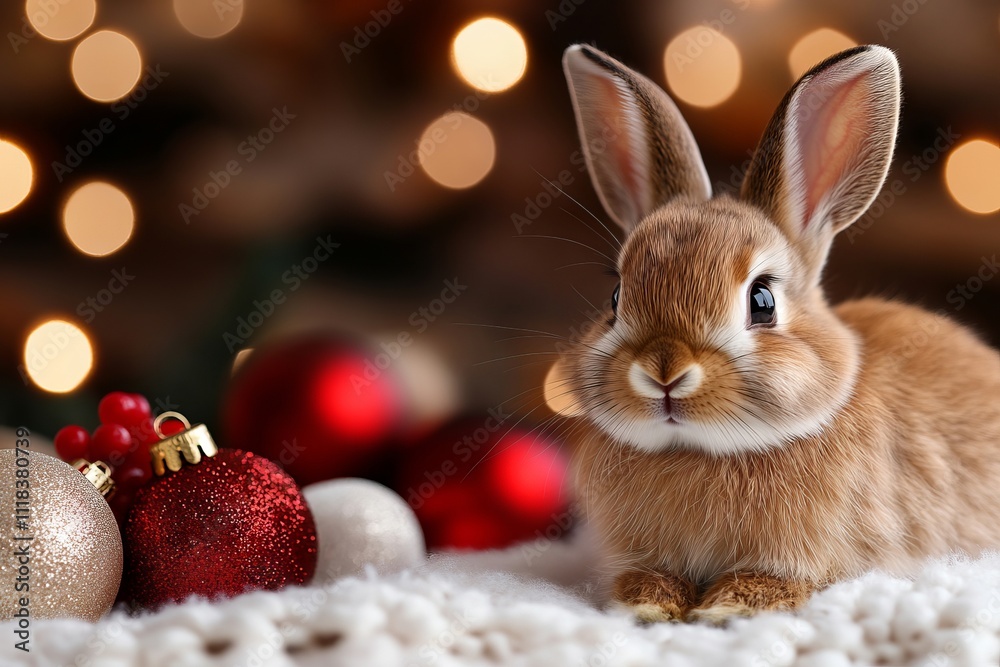 A small brown rabbit sitting next to a pile of christmas ornaments A small brown rabbit sitting next to a pile of christmas ornaments