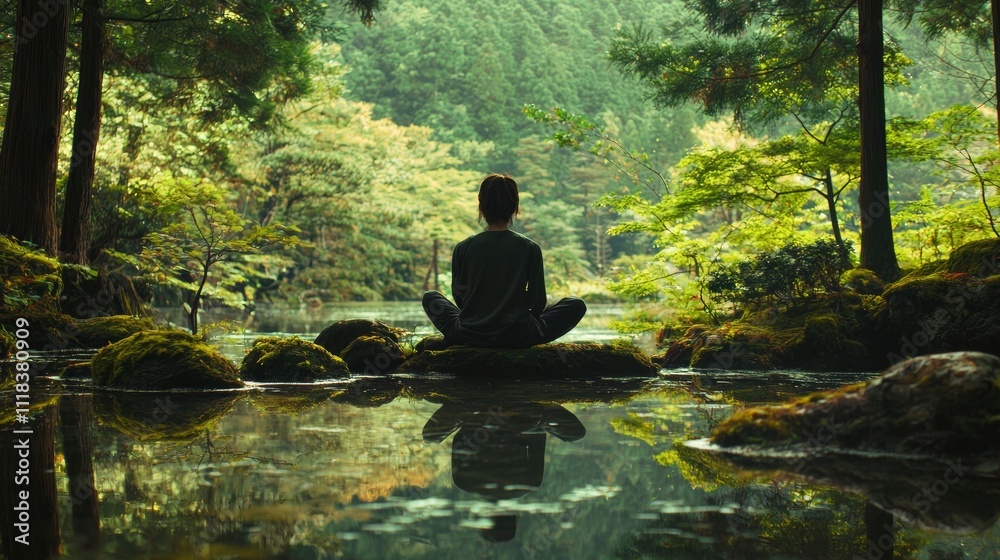 Serene Japanese Forest Bathing Scene with Reflection in Water Serene Japanese Forest Bathing Scene with Reflection in Water