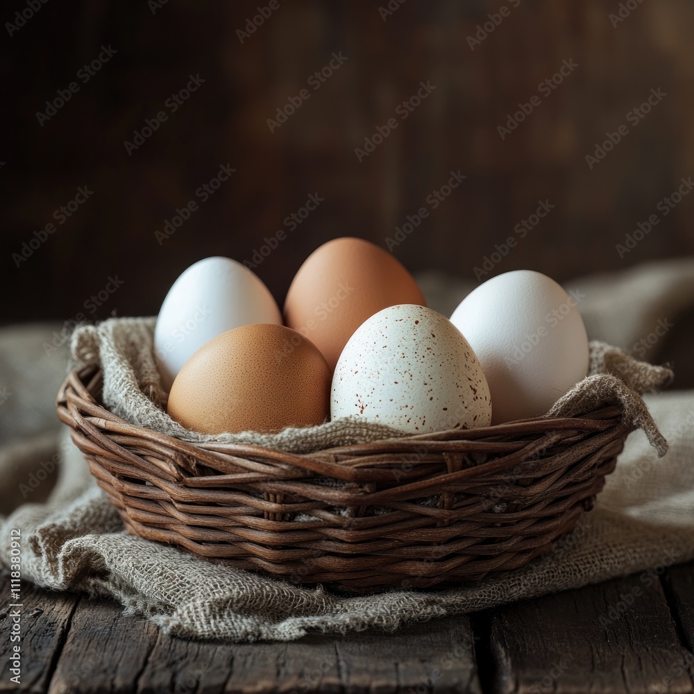 Five fresh eggs of different colors in a rustic wicker basket on a burlap cloth. Five fresh eggs of different colors in a rustic wicker basket on a burlap cloth.