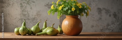 Wooden surface with sponge gourds and fresh green ridge gourds in a vase, centerpiece , arrangement photo