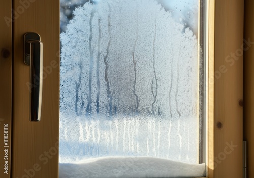 Frozen window with condensation and ice forming abstract patterns, with snow visible outside during winter