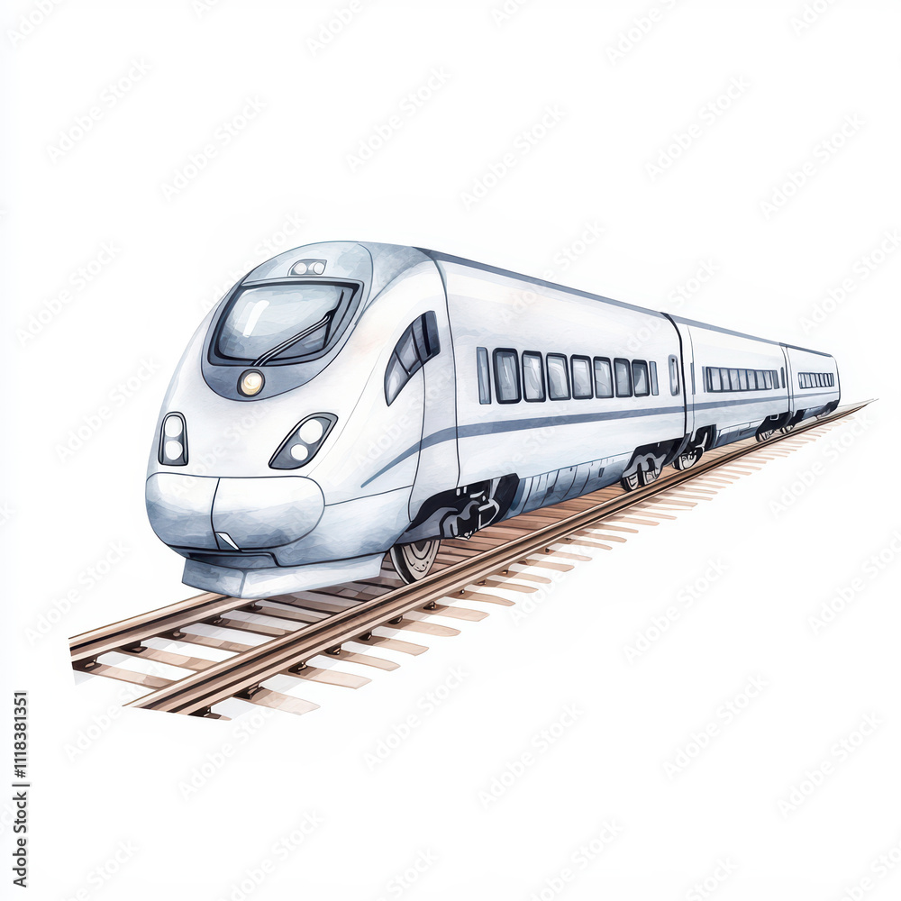 Naklejka premium Sleek high speed train on railway tracks, showcasing modern design and technology. train aerodynamic shape emphasizes speed and efficiency, perfect for transportation themes