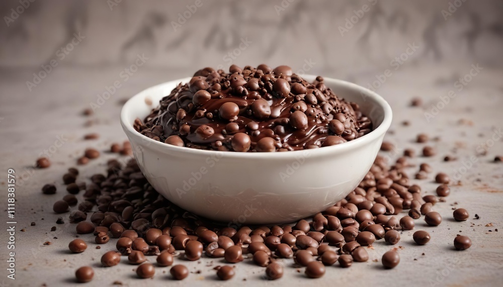 Rich chocolate sauce in a bowl with chocolate chips scattered on top , dessert, decadent chocolate Rich chocolate sauce in a bowl with chocolate chips scattered on top , dessert, decadent chocolate