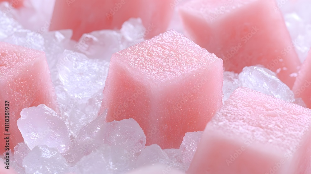 Refreshing summer hydration with watermelon. Colorful pink star-shaped ice cubes resting on crushed ice, creating a refreshing and vibrant aesthetic. Refreshing summer hydration with watermelon. Colorful pink star-shaped ice cubes resting on crushed ice, creating a refreshing and vibrant aesthetic.