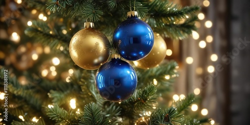 Gold and Blue Glass Ball Ornaments on a Christmas Tree, holiday, blue, reflective