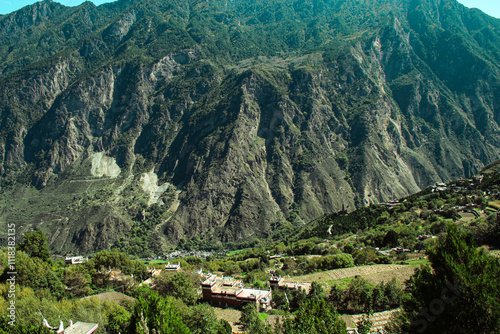 Sichuan, China Jiaju Tibetan Village, Danba, concentrated place for Jiarong Tibetans with hundreds of Tibetan-style houses built along the mountains fertile fields, picturesque landscapes photo