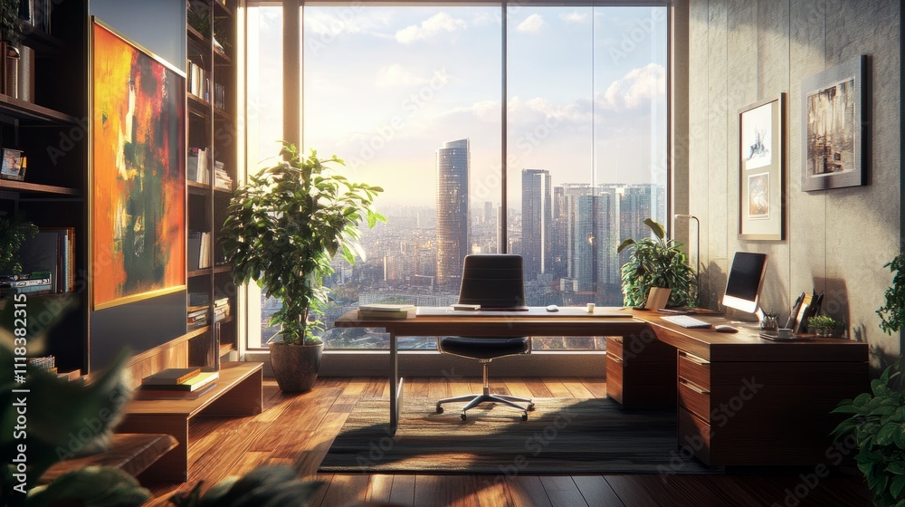 Stylish office interior with a large window, sleek workspace, ergonomic seating, and potted plants enhancing the creative vibe Stylish office interior with a large window, sleek workspace, ergonomic seating, and potted plants enhancing the creative vibe