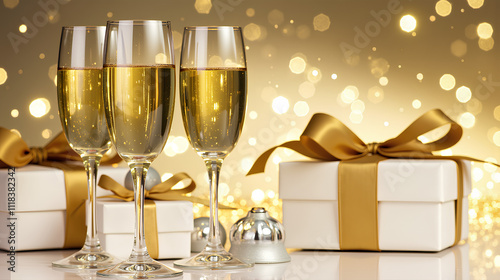 Holiday Celebration with Champagne Flutes and Gift Boxes