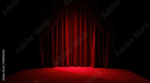 Backdrop photo of In a dimly lit space a scarlet curtain hangs framing a red floor and a plush red carpet that lines one wall   background design conveys emotion  photo