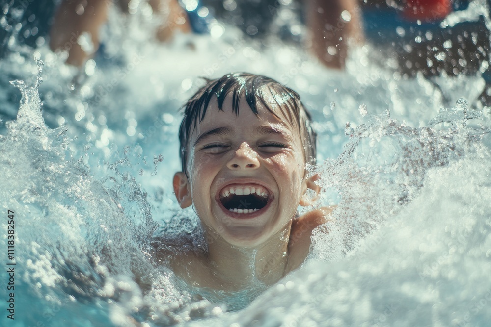 Happy kid smiling and laughing while playing in water, with bright sunlight and splashes. Happy kid smiling and laughing while playing in water, with bright sunlight and splashes.