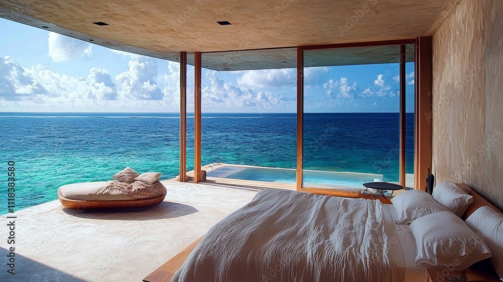 Fototapeta premium Serene Minimalist Bedroom with Ocean View and Natural Light