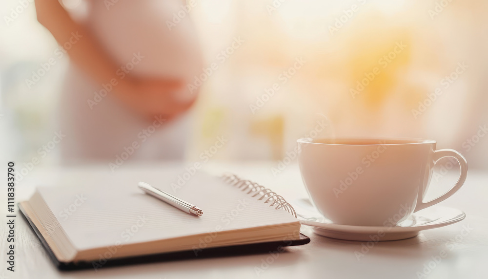 cozy scene featuring diary, pen, and steaming cup of coffee, symbolizing pregnancy reflections cozy scene featuring diary, pen, and steaming cup of coffee, symbolizing pregnancy reflections
