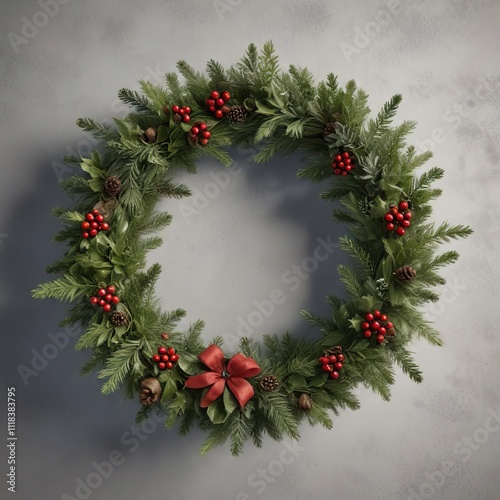 Illustration of a Christmas wreath made from natural materials like evergreen branches and holly, seasonal centerpieces, organic motifs photo