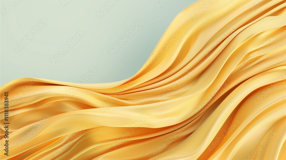 Obraz premium Golden Flowing Fabric: Abstract image of luxurious golden fabric flowing gracefully against a pale blue background. The image evokes feelings of elegance, luxury, and sophistication.