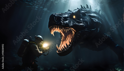 A diver beneath Loch Ness, their flashlight revealing the Monster’s terrifying maw filled with jagged teeth.