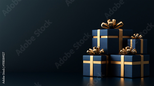 Mockup. A luxurious illustration of black gift boxes with gold ribbons and bows, perfect for high-end holiday designs.