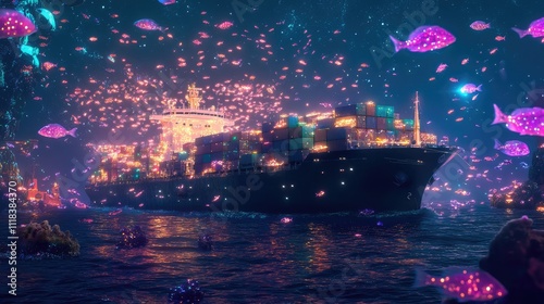 Container ship surrounded by schools of glowing fish, merging maritime trade with naturea is beauty photo