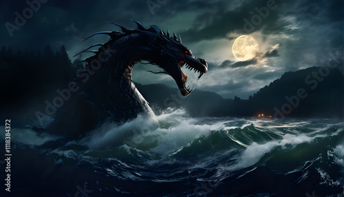 A moonlit Loch Ness, the Monster’s scaly tail whipping out of the water, sending waves crashing to shore