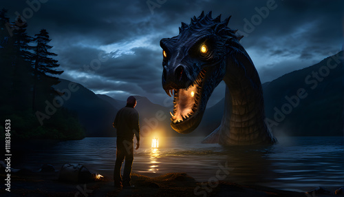 Frightened camper on the shore of Loch Ness, their lantern casting eerie light on the colossal, looming head of the Loch Ness Monster