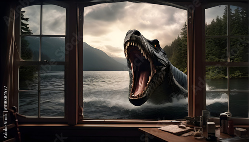 Loch Ness Monster’s enormous jaws bursting through a cabin’s window on the lake’s edge