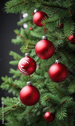 Evergreen fir branches with festive red and white glass balls ornaments , holiday decoration, winter wonderland