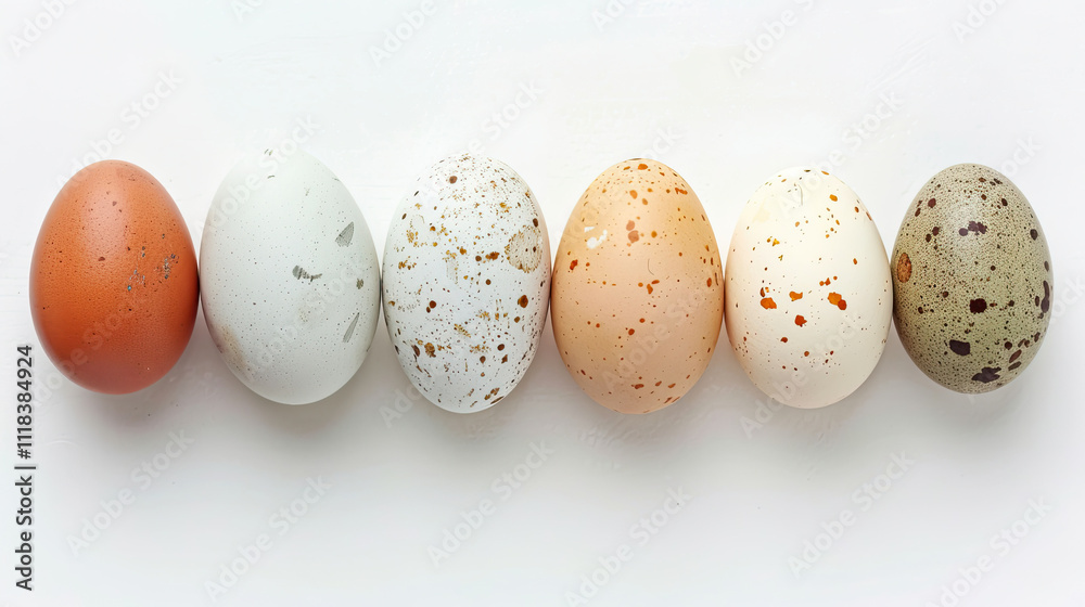 Fototapeta premium Eggs scattered on a flat lay background, fresh organic food photography.