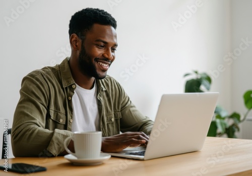 Young black man working remotely from home office, typing on laptop and smiling