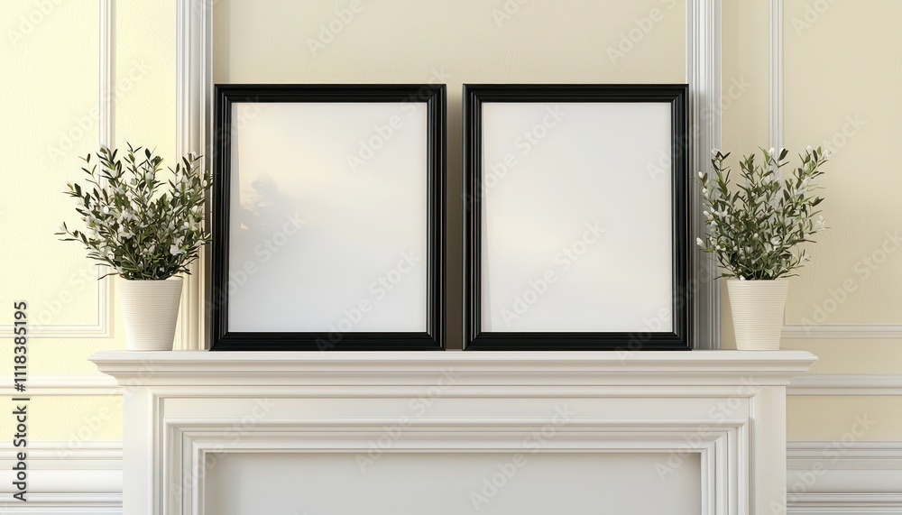 Large,black,frames,placed,sleek,white,mantel,neutral,cream-colored,wall,creating,minimalist,look. Large,black,frames,placed,sleek,white,mantel,neutral,cream-colored,wall,creating,minimalist,look.