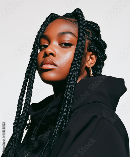 Black teenage girl with long braids, wearing black streetwear and gold earrings, hip-hop style.  .