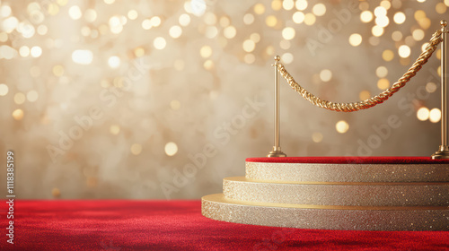 luxurious podium with golden ropes and red carpet, perfect for events and celebrations, surrounded by sparkling background that adds elegance and glamour © JK_kyoto