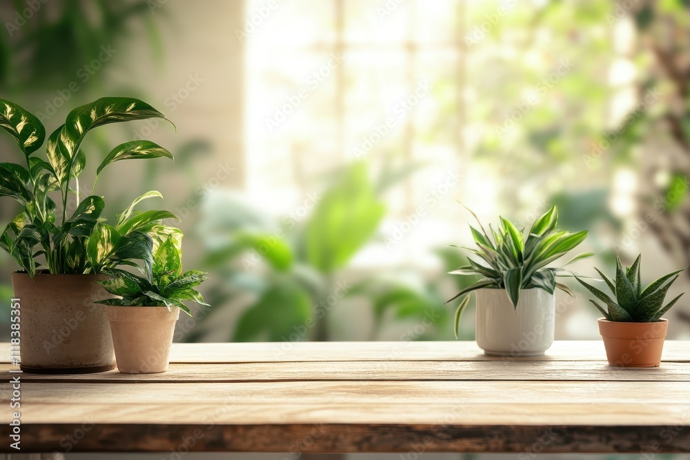 A serene arrangement of potted plants on a wooden table, enhancing a tranquil indoor space. A serene arrangement of potted plants on a wooden table, enhancing a tranquil indoor space.