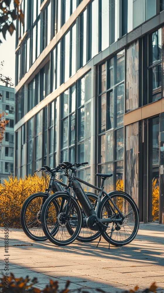 Modern Electric Bikes Parked Near City Building Modern Electric Bikes Parked Near City Building